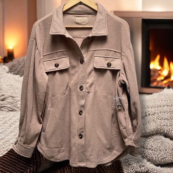 Simply Blessed Taupe Fleece Button Front Shirt/Shacket - Picture 1 of 6